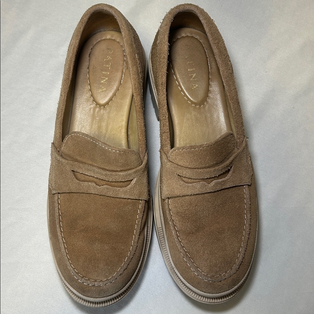 Patina Zoe Suede Slip On Platform Loafers Chunky Tan Round Toe Size 8.5 - Picture 8 of 16
